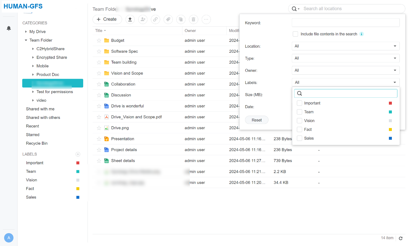 Search and labels across the shared drive